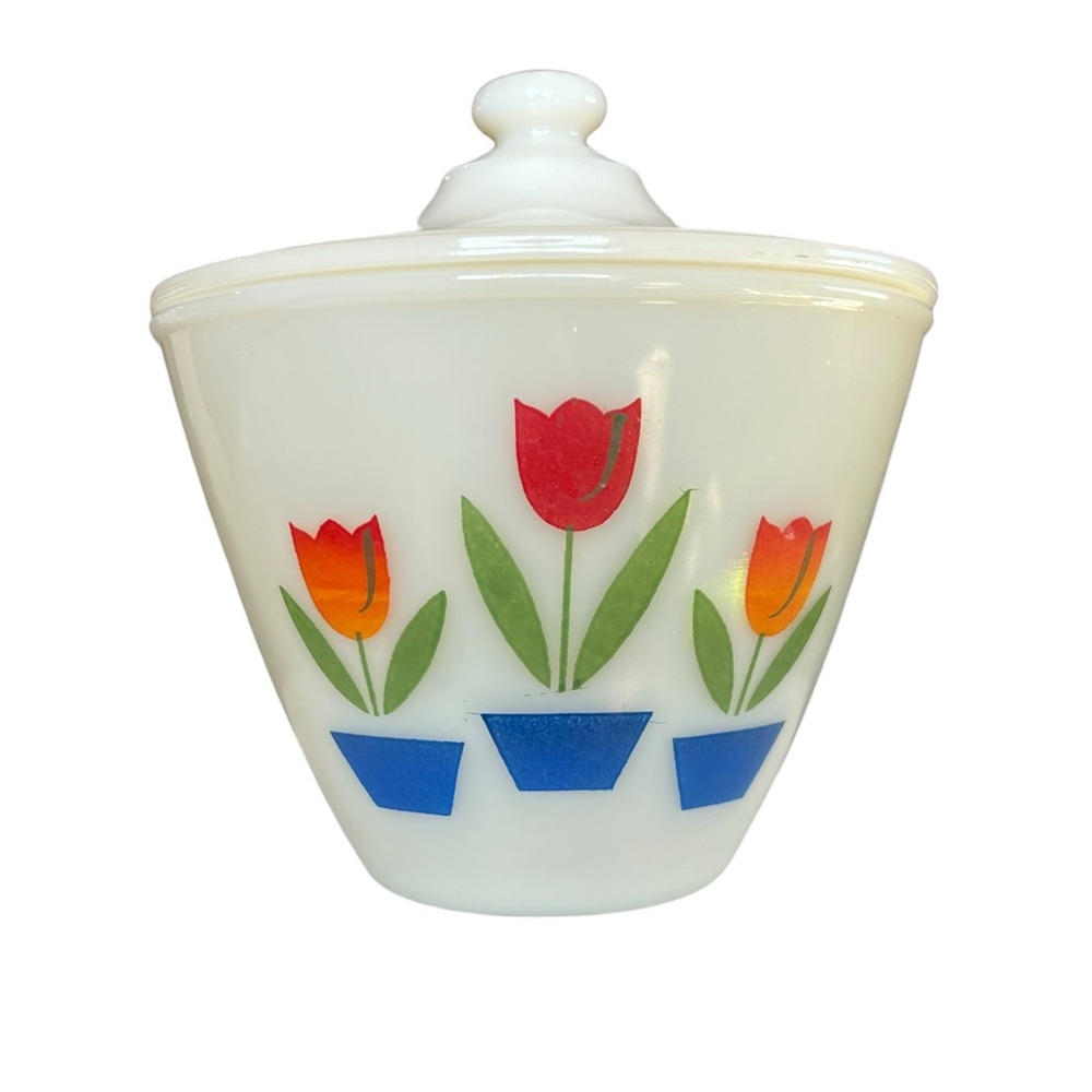 Vintage Anchor Hocking Tulip Grease Jar Canister Milk Glass MCM